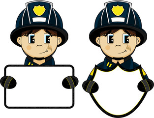 Cute Cartoon Fireman - Firefighter with Sign