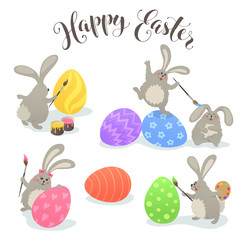 Cute Easter bunnies coloring eggs. Fun illustration of rabbits and eggs isolated with Happy easter text isolated on white background.