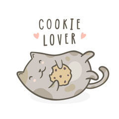 Cute kitty with cookie. Vector hand drawn cartoon illustration
