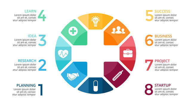 Vector Plus Infographic, Medical Diagram, Healthcare Graph, Hospital Presentation, Emergency Chart. Medicine Doctor Logo. Concept With 8 Options, Parts, Steps, Processes.