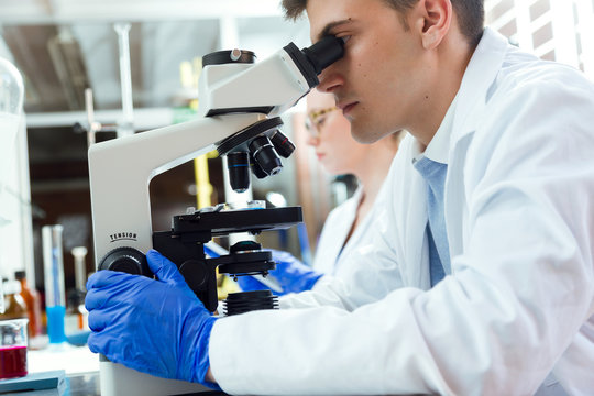 Young scientists carrying out an experiment in a laboratory.