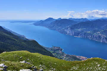 Aerial view of a nice mountain view Garda Lake nad Malcesine city from the trail at Monte Baldo in Italy.