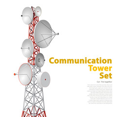Vector satellite tower in isometric perspective isolated on white background. Red-white communications tower with typography layout. Detail of transmission Tower telephone and television signals. © weenee