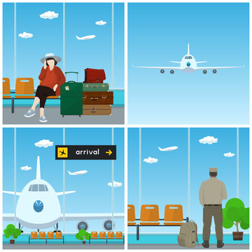 Airport , Waiting Room with Woman and Man in Uniform, Plane in the Sky, View on Airplane through the Window and Scoreboard Arrivals , Travel and Tourism Concept, Vector Illustration