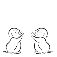vector image. Black outline drawing of two little penguins isolated on white