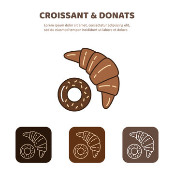 Croissant and donut line icon. Morning breakfast image.