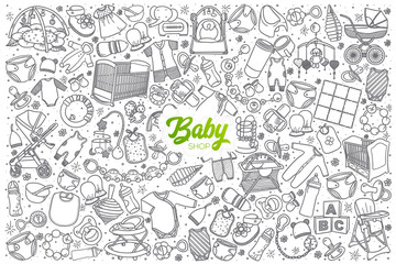 Hand drawn baby shop doodle set background with green lettering in vector