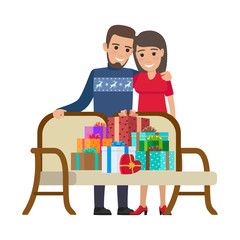 Couple and Bunch of Gifts. Christmas Illustration