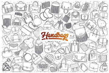 Hand drawn handbag doodle set background with orange lettering in vector