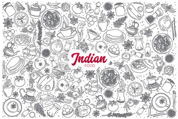 Hand drawn Indian food doodle set background with red lettering in vector