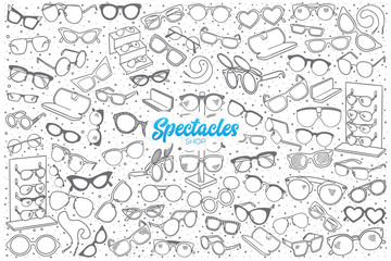 Hand drawn spectacles shop doodle set background with blue lettering in vector