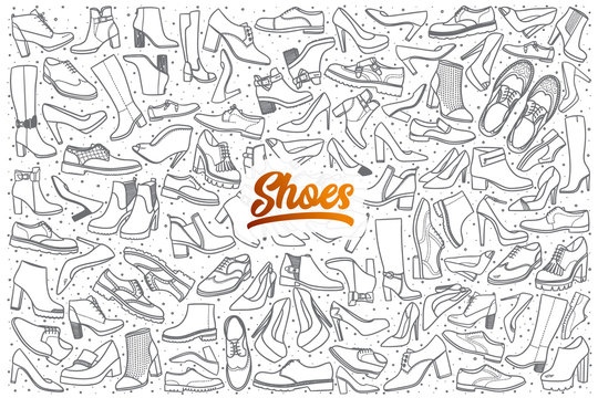 Hand drawn shoes doodle set background with orange lettering in vector