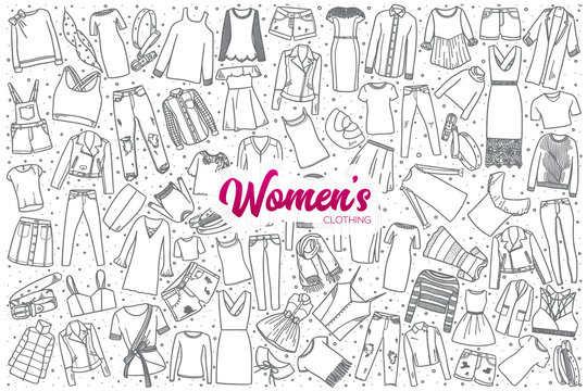 Hand drawn women's clothing doodle set background with purple lettering in vector