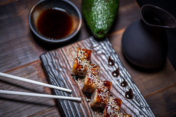 Black dragon roll on the plate top view