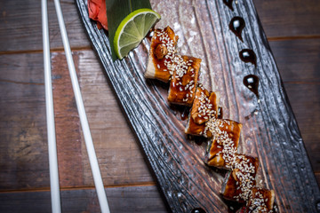 Black dragon roll on the plate top view