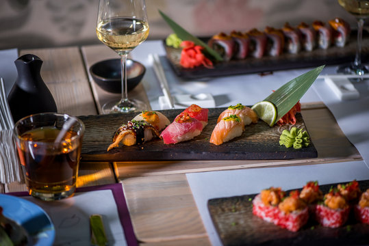 Sushi set on board