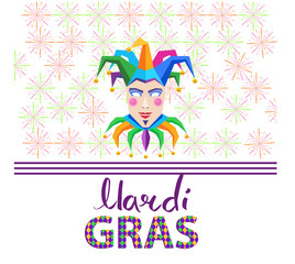 Mardi Gras Colorful Jester Mask and Hat on White