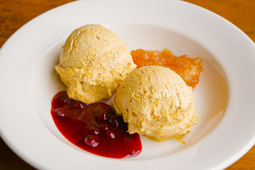 Ice cream balls with sweet organic fruit jam