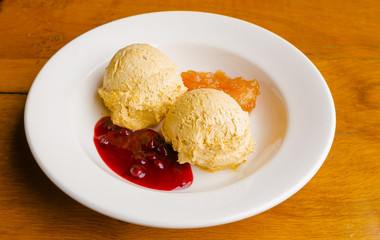 Ice cream balls with sweet organic fruit jam