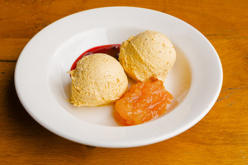 Ice cream balls with sweet organic fruit jam