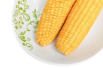 corn boiled closeup on a plate on white background