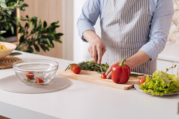 Proficient cook preparing healthy dinner in the kitchen