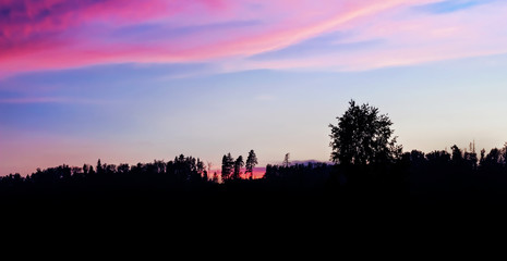 Pink sunset in blue sky