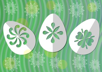 Happy Easter poster with white paper cut egg on green wavy background with transpatent flowers