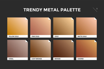 Gold, copper and bronze gradient template. Collection palette of colorful metallic gradient illustrations for backgrounds and textures. Realistic metallic squares palettes. Vector Illustration - obrazy, fototapety, plakaty