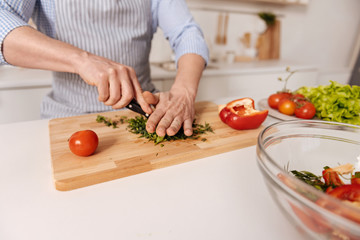 Capable man preparing vegetarian dish in the kitchen