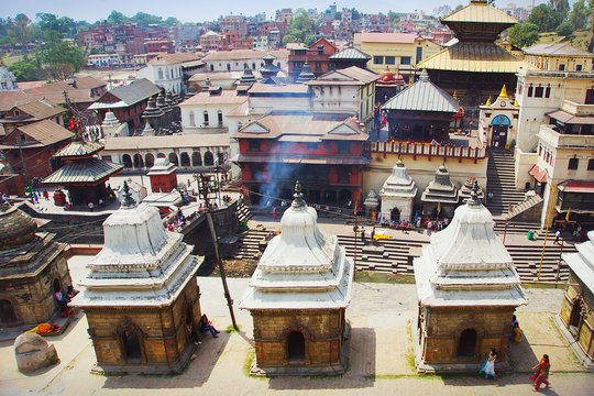 Hindu Pashupatinath complex near Bagmati river with the Main Temple and burning ghats, Kathmandu, Nepal, Asia.