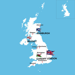 Naklejka premium A detailed map of Great Britain with indexes of major cities of the country. National flag of the state. Vector illustration.