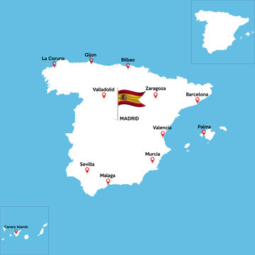 A detailed map of Spain with indexes of major cities of the country. National flag of the state. Vector illustration.