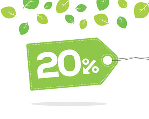 Green price tag label with 20% text designed with an arrow percent icon and stitches on it on white background with leaves and shadow. For spring and summer sale campaigns.