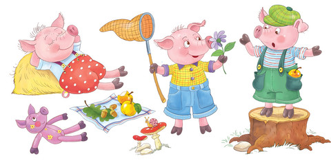Three little pigs. Fairy tale. Coloring page. Illustration for children. Cute and funny cartoon characters