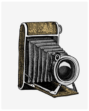 Photo camera vintage, engraved hand drawn in sketch or wood cut style, old looking retro lens, isolated vector realistic illustration