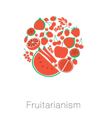 Round globe red fruit and berries. Card I love fruitarianism eco vegetarian healthy food. Vector illustration