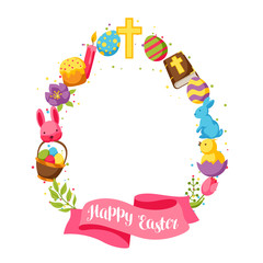 Happy Easter frame with decorative objects, eggs and bunnies