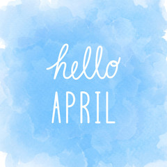 Hello April greeting on abstract blue watercolor background