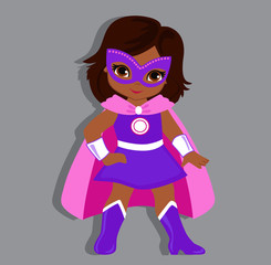 Illustration cute girl in the costume of a superhero. Vector illustration isolated on gray background.