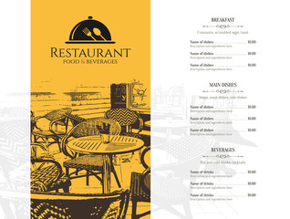 Restaurant menu design. Vector menu brochure template for cafe, coffee house, restaurant, bar. Food and drinks logotype symbol design. With a sketch pictures - obrazy, fototapety, plakaty
