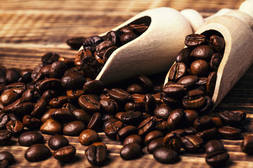 food background of coffee beans in shovel