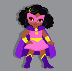 Illustration cute girl in the costume of a superhero. Vector illustration isolated on gray background.