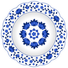 Decorative porcelain plate ornate with traditional blue floral pattern