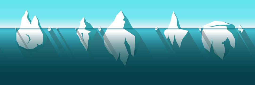 ceberg horizontally seamless pattern vector background. Simple flat iceberg set. Cold colors vector illustration. Winter or spring sea backdrop. Floating ice theme. Ice mountain sea set.