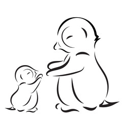 Outline drawing of penguin family mom and baby