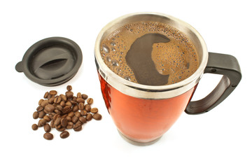 Red thermos with coffee drink and lid isolated on white