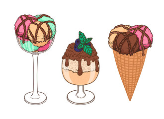 Set of hand drawn ice cream with waffle cone, cup, tall glass, chocolatte