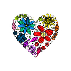 Heart of flowers. Doodle flowers. The shape of the heart. Bright colors. Black contour. Vector.