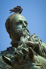 Obraz premium Pigeon sitting on the head of a statue